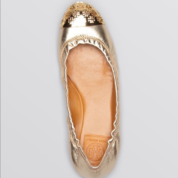 Tory Burch Cap Toe Ballet Cami Metallic Flats Shoes Leather Gold Color Size 8 - Picture 1 of 9